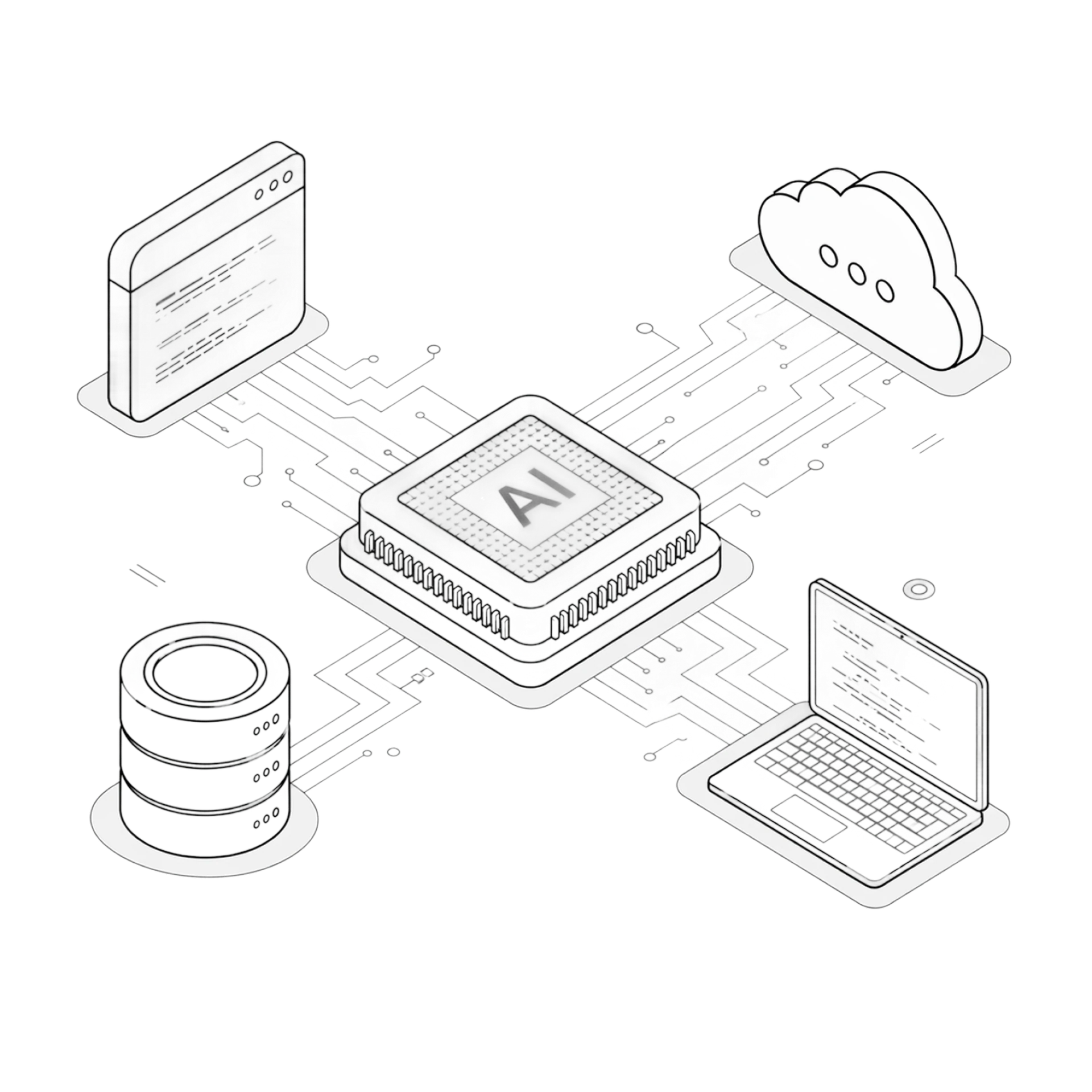 An AI processor at the centre of a circuit, linked outward to a database, a cloud, a laptop and an application window.