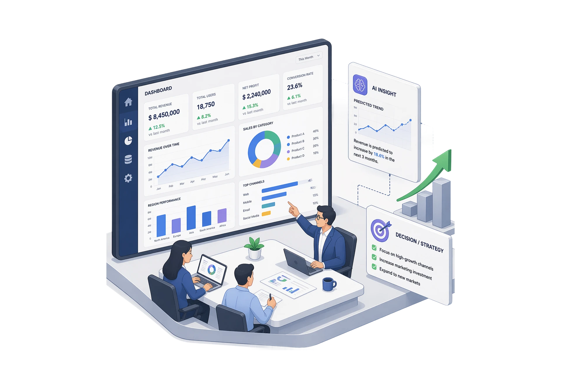 A team reviewing an analytics dashboard beside an AI insight panel forecasting an upward trend.