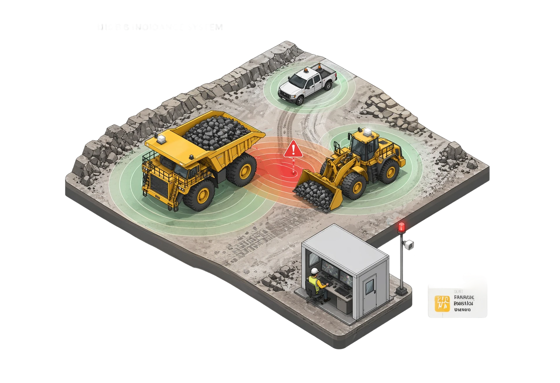 Proximity detection rings around a haul truck, wheel loader and light vehicle, turning red where they overlap, monitored from a site office.
