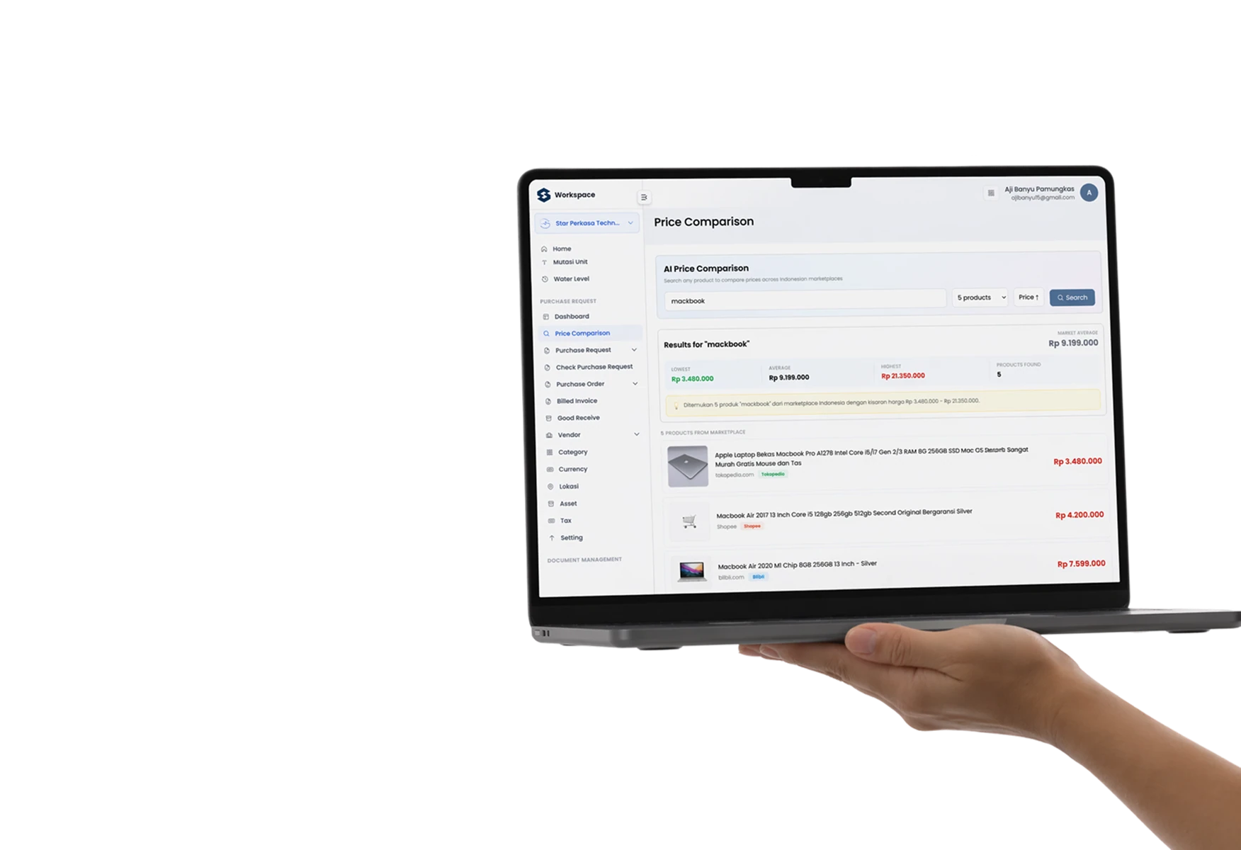 A procurement workflow moving a requisition through approval to a purchase order.