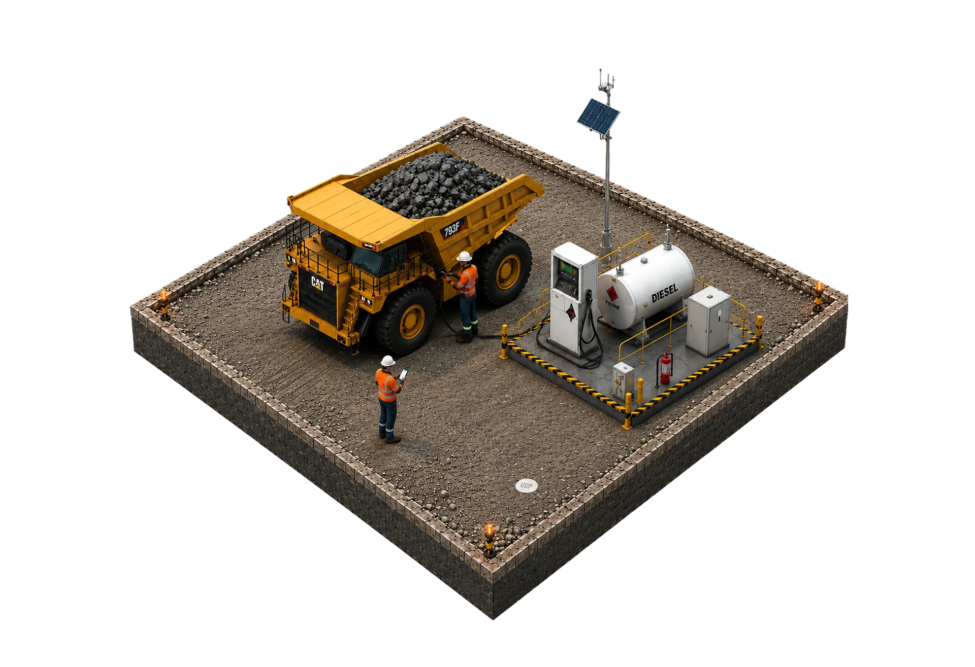 A fuel truck refuelling mining equipment while transfer volumes are recorded.