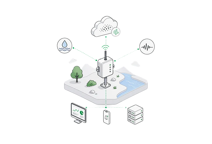 An outdoor sensor node relaying water, vibration and weather readings to the cloud, a dashboard, a phone and a server rack.