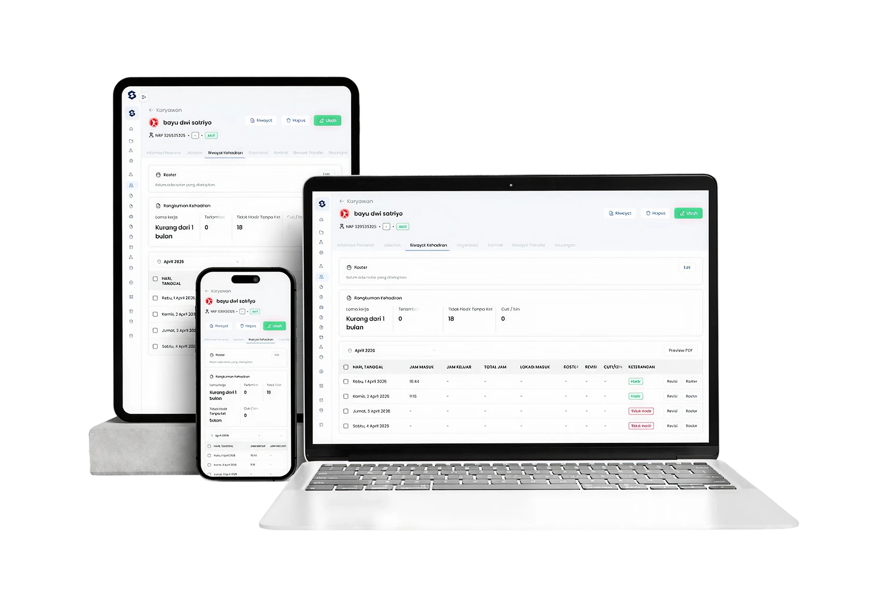 A human resources platform showing employee records, attendance and payroll.