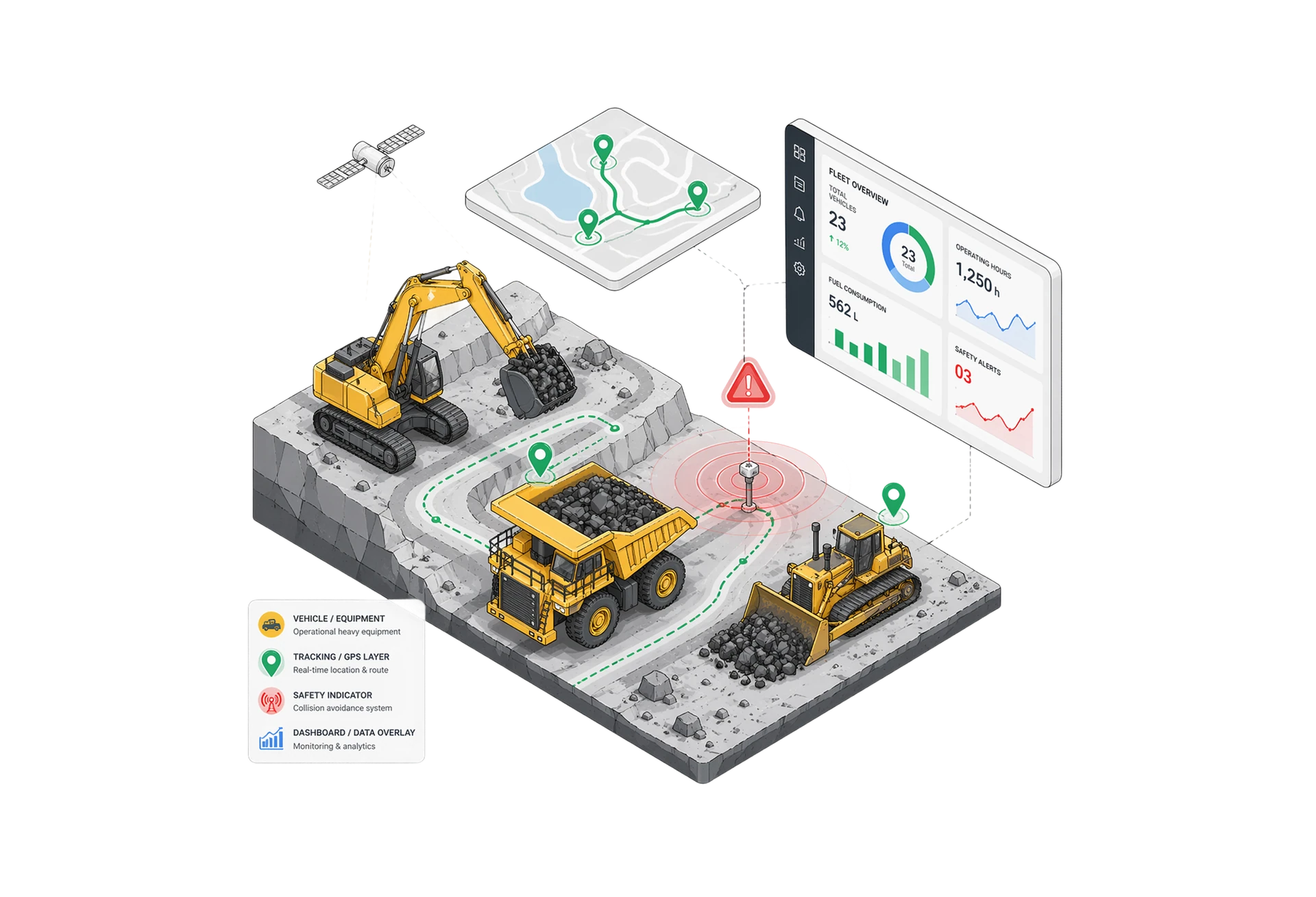 An open pit with an excavator, haul truck and dozer tracked by GPS, with a live route map and a fleet dashboard alongside.