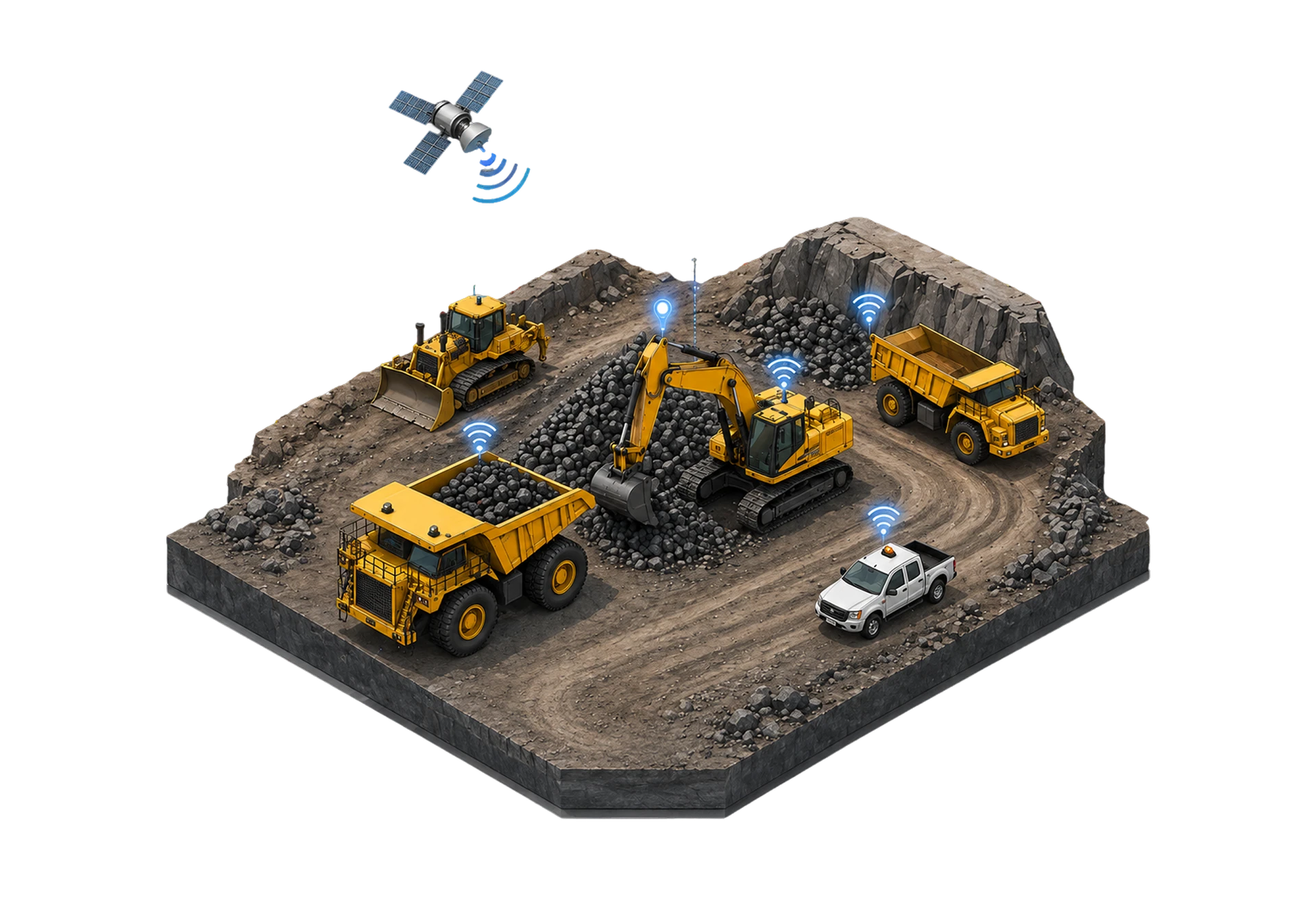 A mine site where each haul truck, excavator, dozer and light vehicle reports position and telemetry to a satellite link.