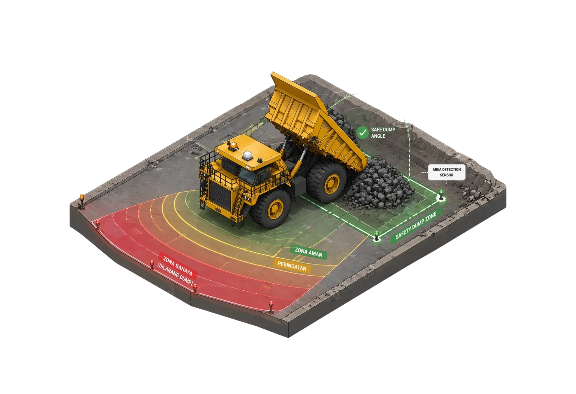 A haul truck tipping at a dump edge, with danger, warning and safe zones marked on the ground and a safe dump angle confirmed.