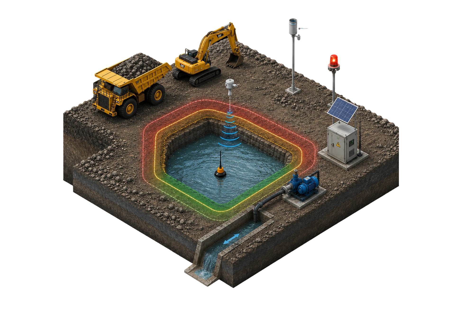 A water level sensor on a pond reporting readings to a remote monitoring dashboard.